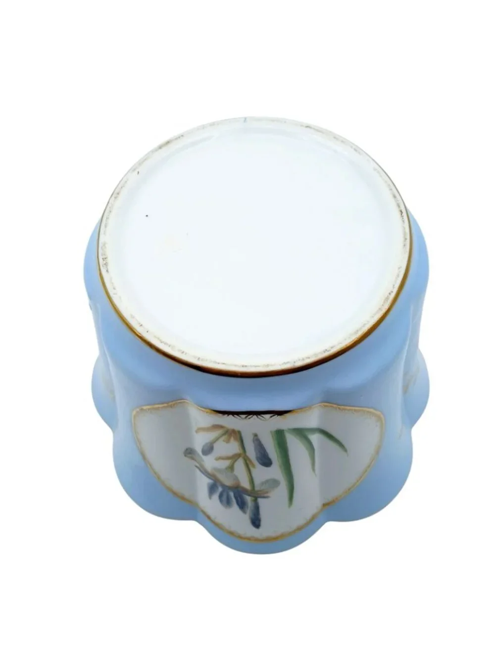 Vintage Blue Iris Cachepot Planter Scalloped Gold Trim Porcelain 5 in